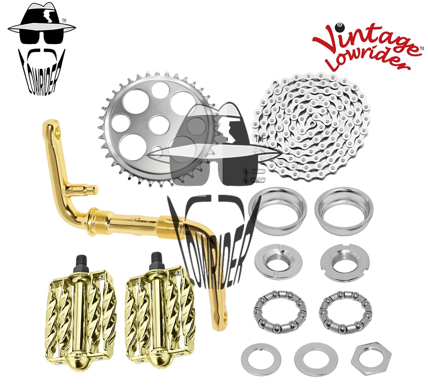 Vtg LOWRIDER- Regular CRANK PKG- Lucky 7 Double Square Twisted Pedal Gold/Chrome