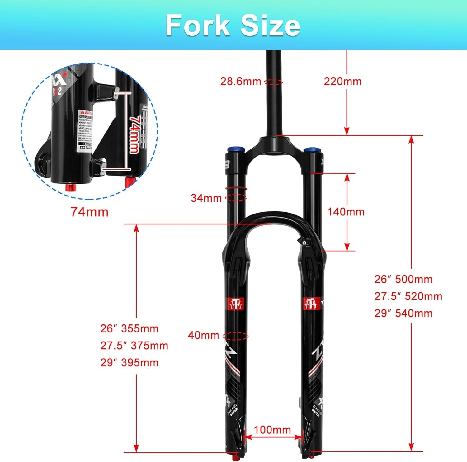 ZTZ 26 inch MTB Air Suspension Fork Upgraded 34mm Stanchions 140mm Travel – NEW