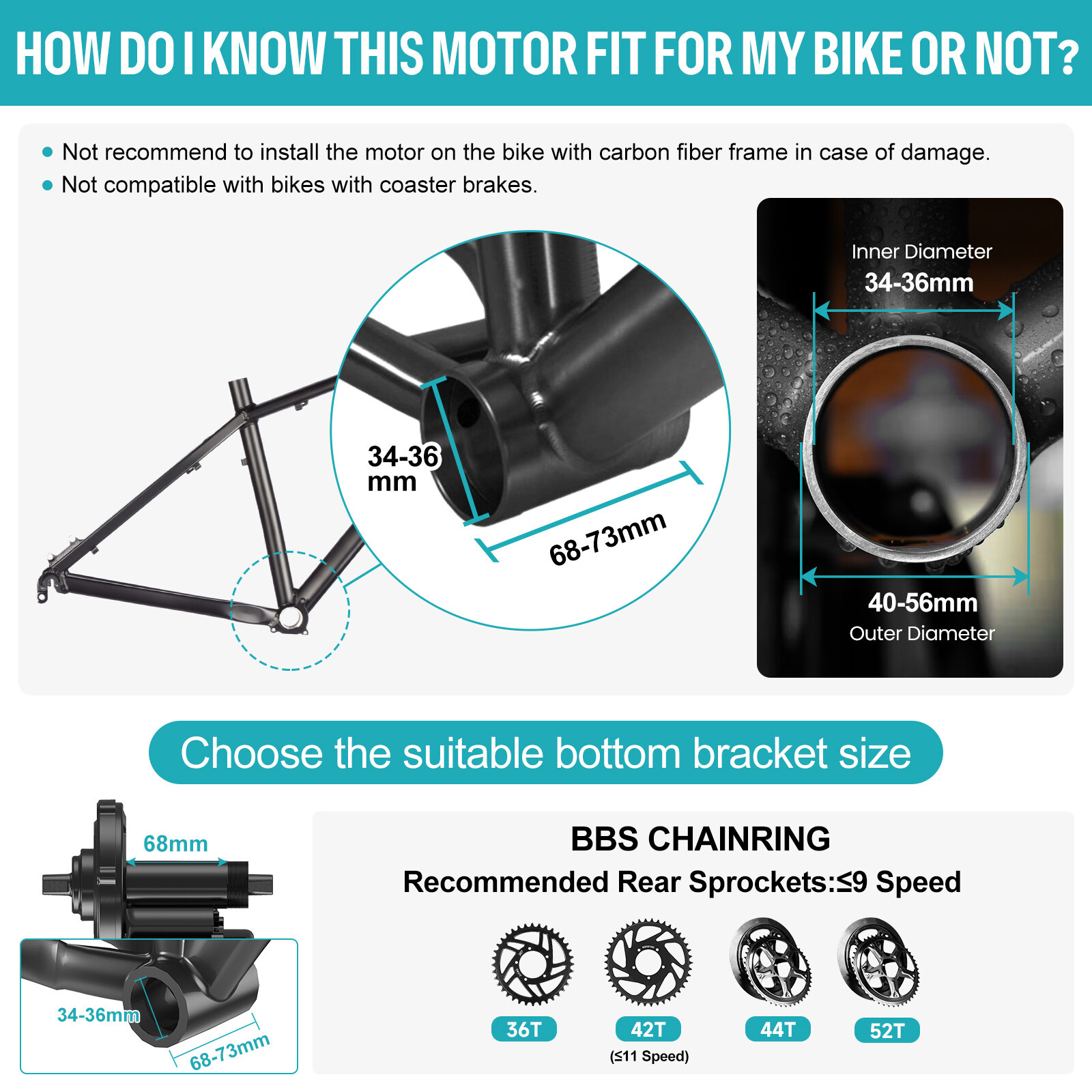 Bafang 48V500W BBS02B Mid Motor Kit Electric Bicycle Conversion 68-73mm Kit