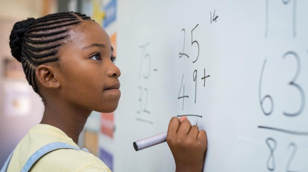 Young girl in grade 3-5 doing addition math on a whiteboard, preparing for a math competition.