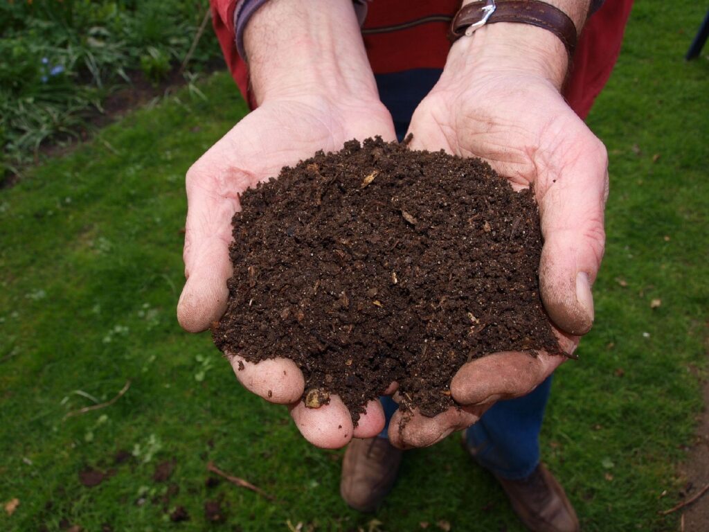 Two hands holding soil, which are the effects of composting. There is green grass in the background