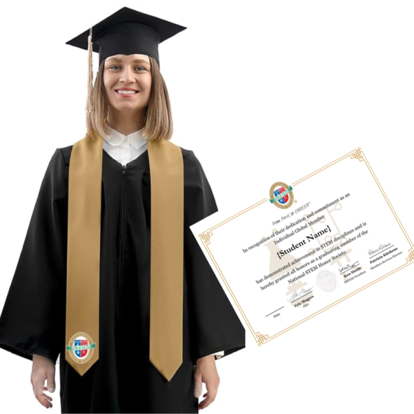 Picture contains a girl in her graduation dress and certificate